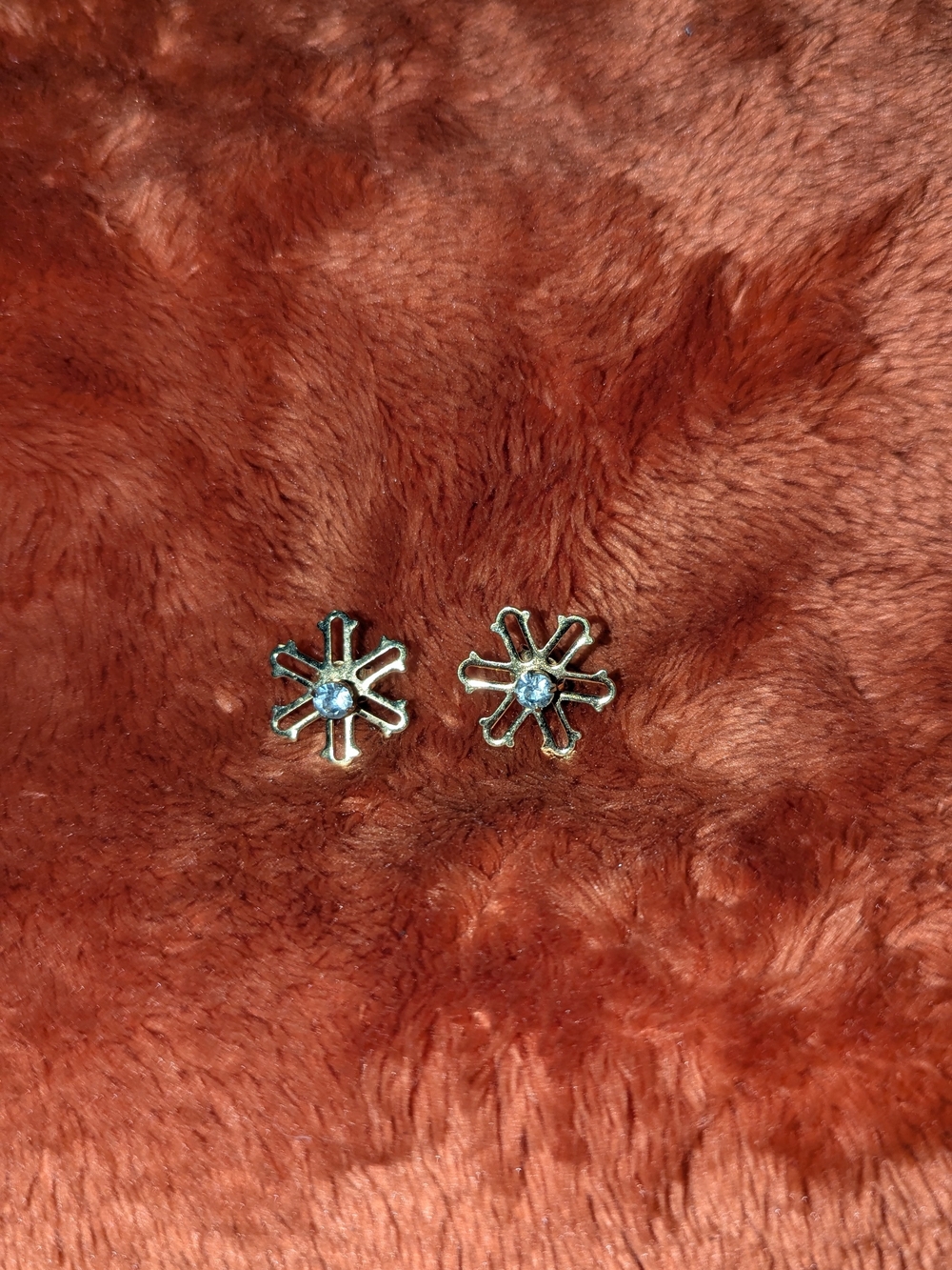 Gold Floral Stud Earrings with White Crystal Center